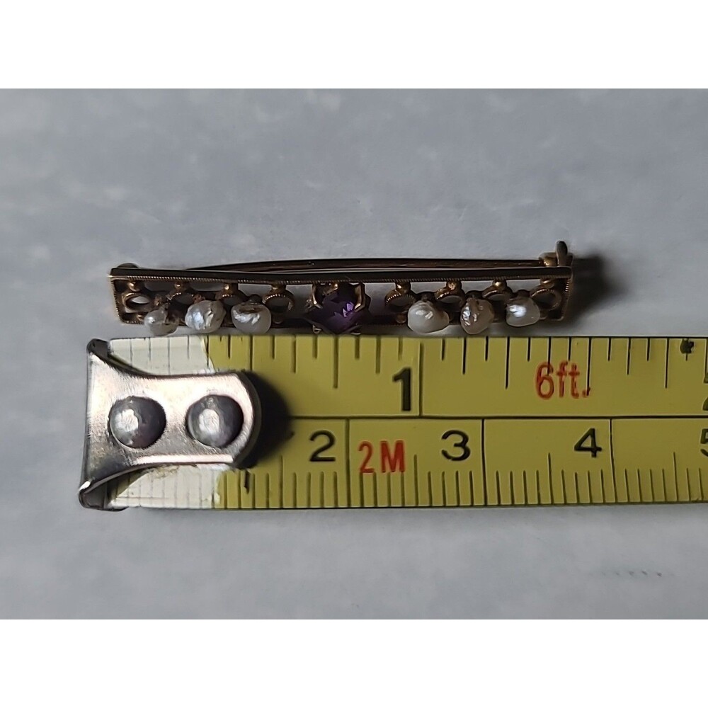 Antique 14K Yellow Gold Amethyst & Natural Pearl Bar Brooch - Picture 8 of 10
